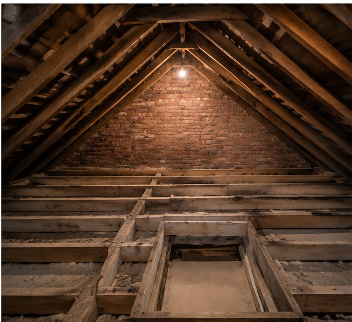 Loft floor before insulation in London — exposed joists