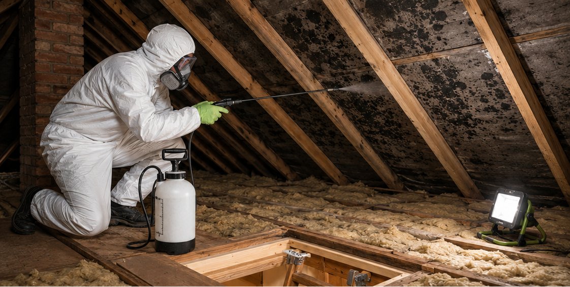Professional mould treatment being applied to loft roof timbers in Bristol