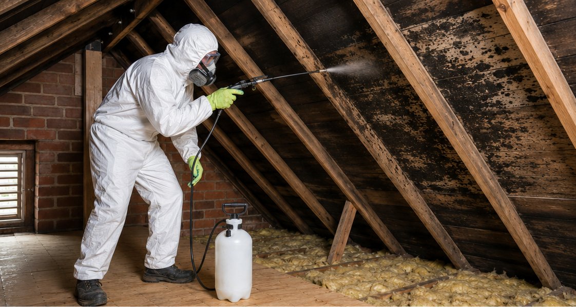 Professional mould treatment being applied to loft roof timbers in Leeds