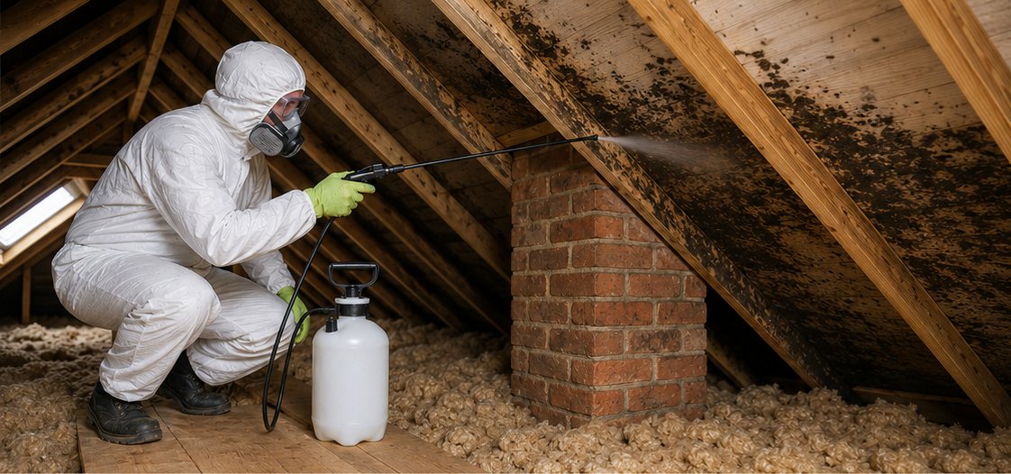 Professional mould treatment being applied to loft roof timbers in Sheffield