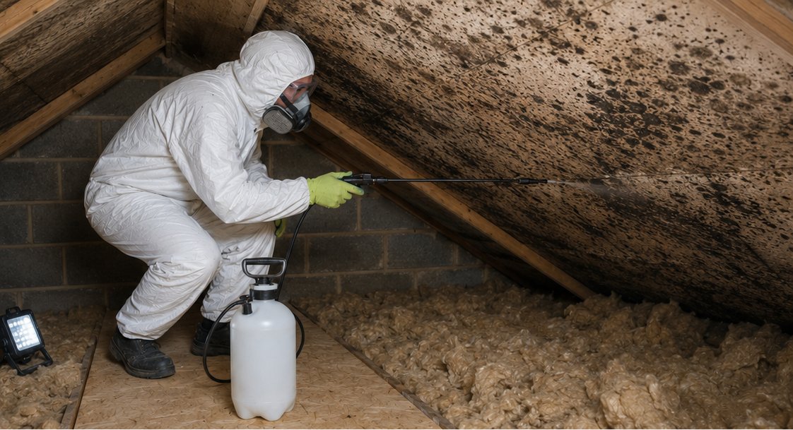 Professional mould treatment being applied to loft roof timbers in Southampton