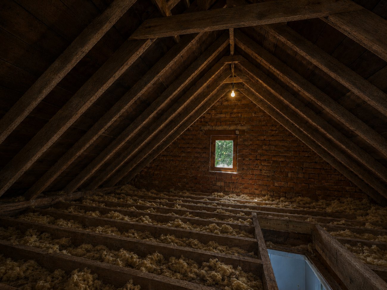 Loft before insulation — thin, uneven old insulation between the joists with bare patches