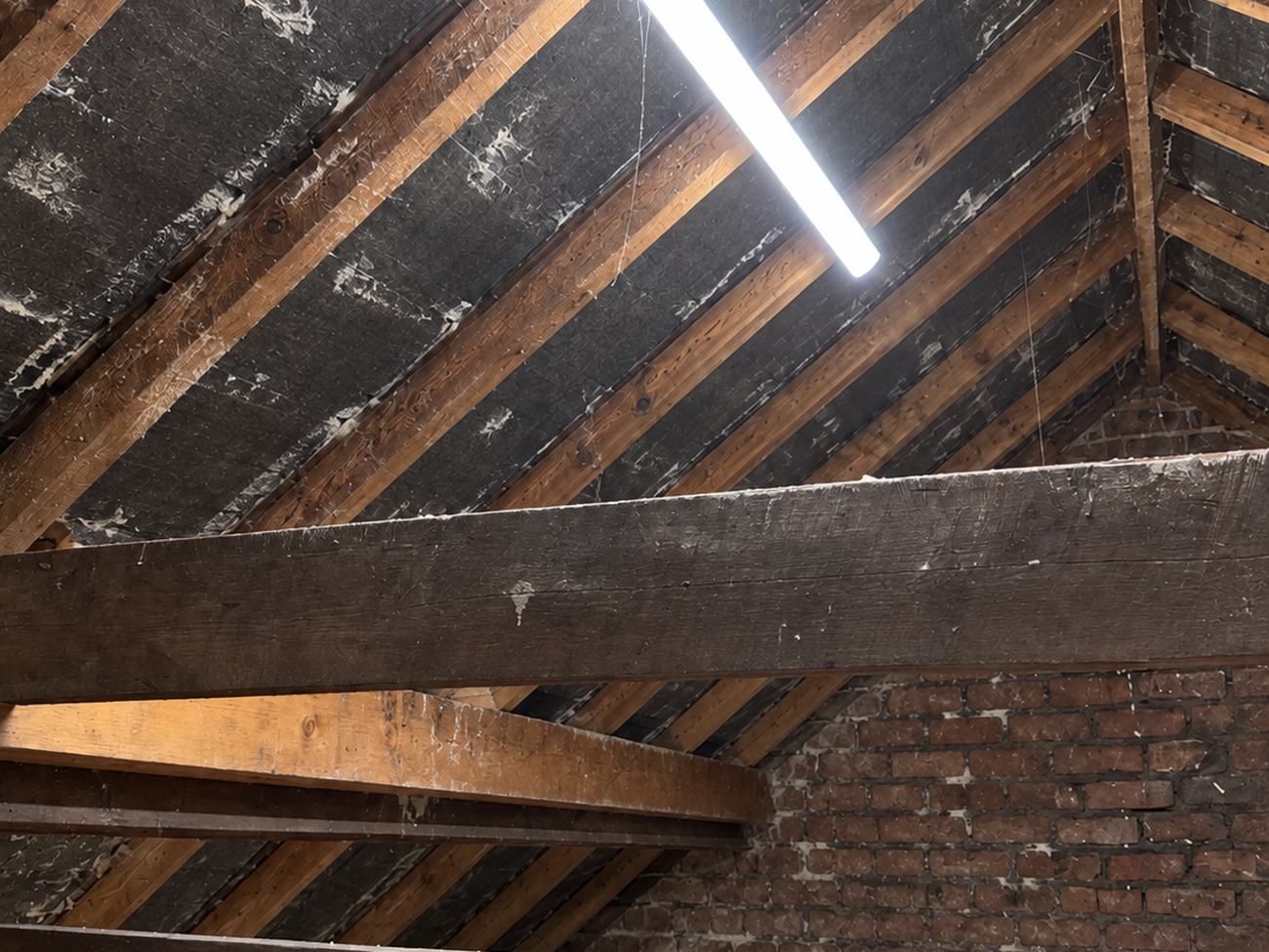 Roof space back to bare rafters and felt after spray foam removal in Basingstoke