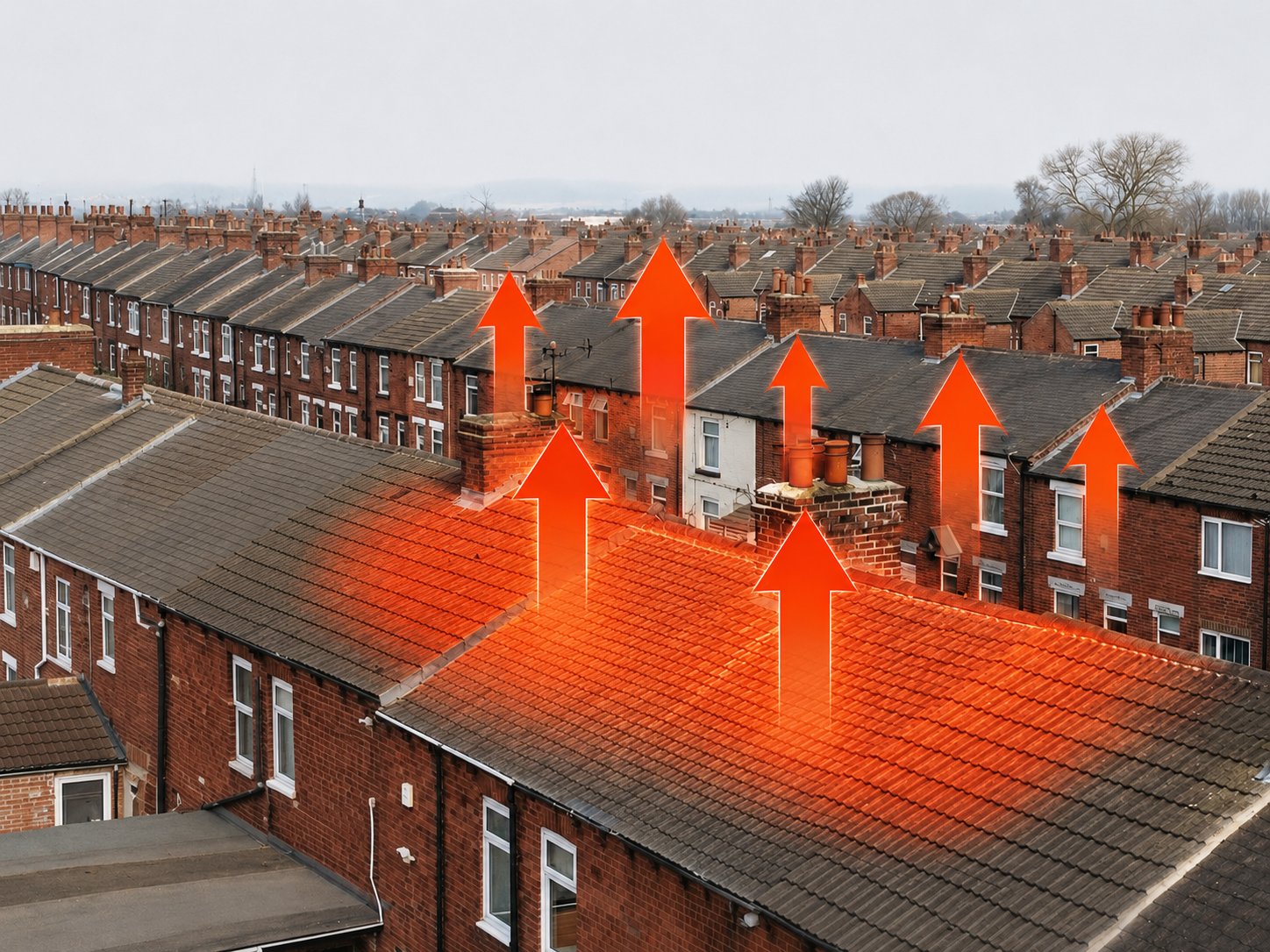 Terraced house roofs with arrows showing heat escaping through the roof