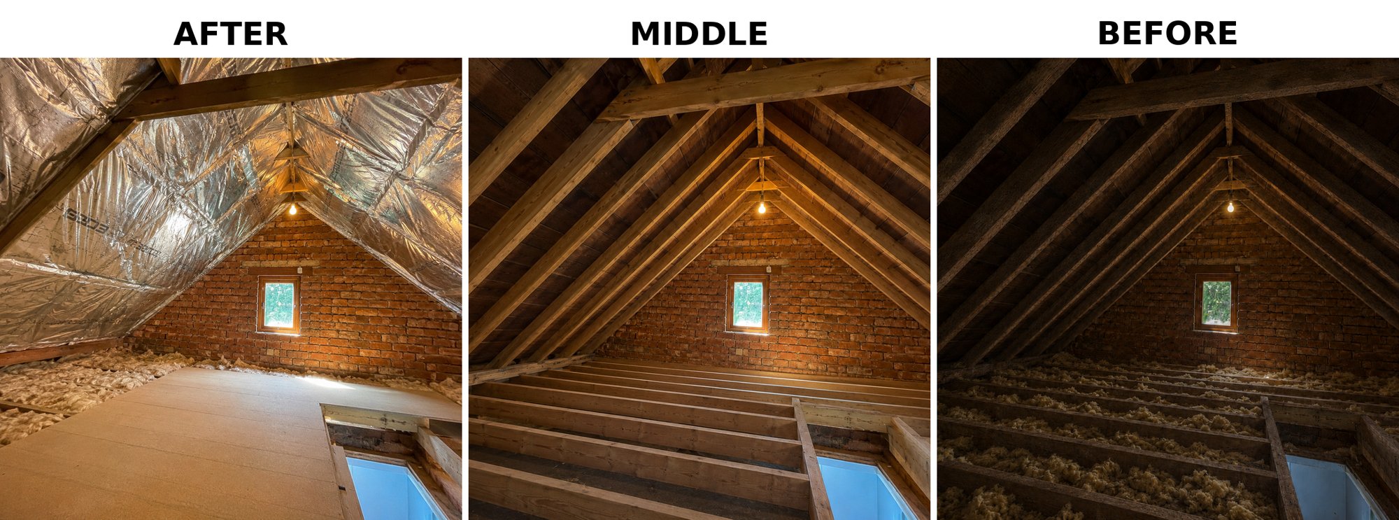 Before, middle and after stages of a loft insulation project — from bare joists to a fully insulated, boarded loft