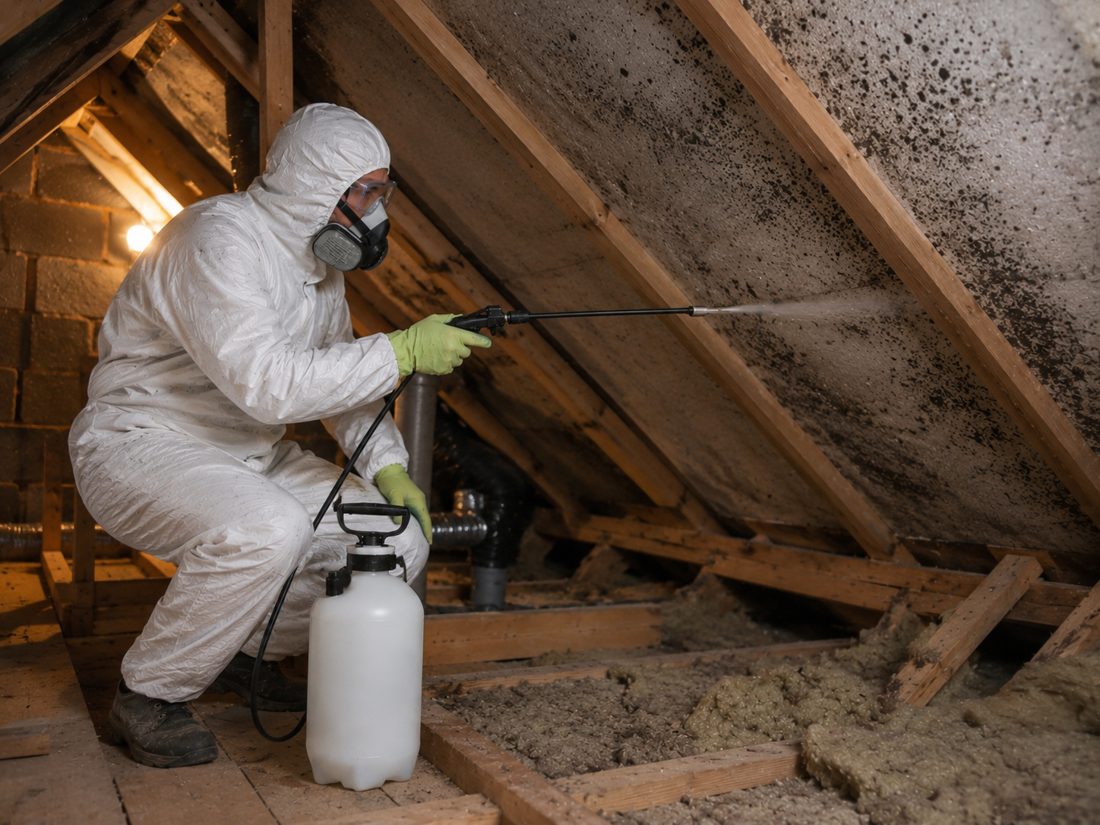 Specialist in protective equipment treating black mould on loft roof timbers